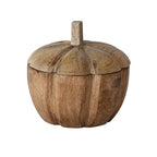 Hand-Carved Mango Wood Pumpkin Shaped Container with Lid, Natural