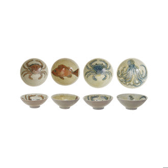 Hand-Painted Stoneware Bowl with Sea Life