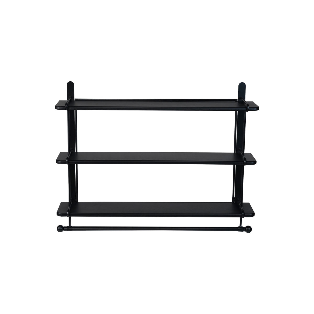 Wood & Metal Wall Shelf w/ 3 Shelves & Rod, Black, KD