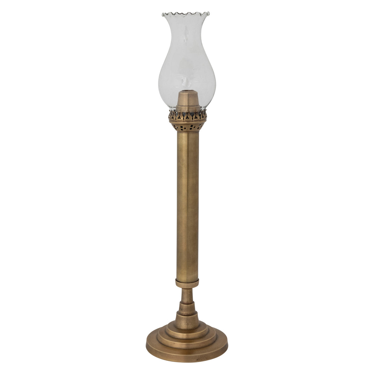 Brass Vintage Reproduction Spring Loaded Taper Holder with Glass Hurricane