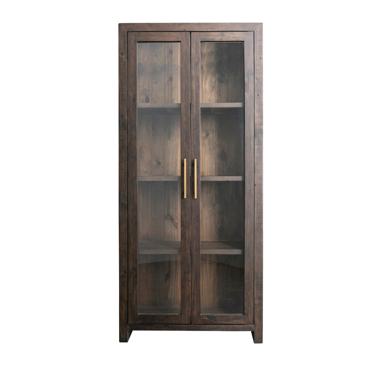 Recycled Pine Wood Cabinet with 2 Glass Doors, 3 Shelves & Gold Finish Metal Handles