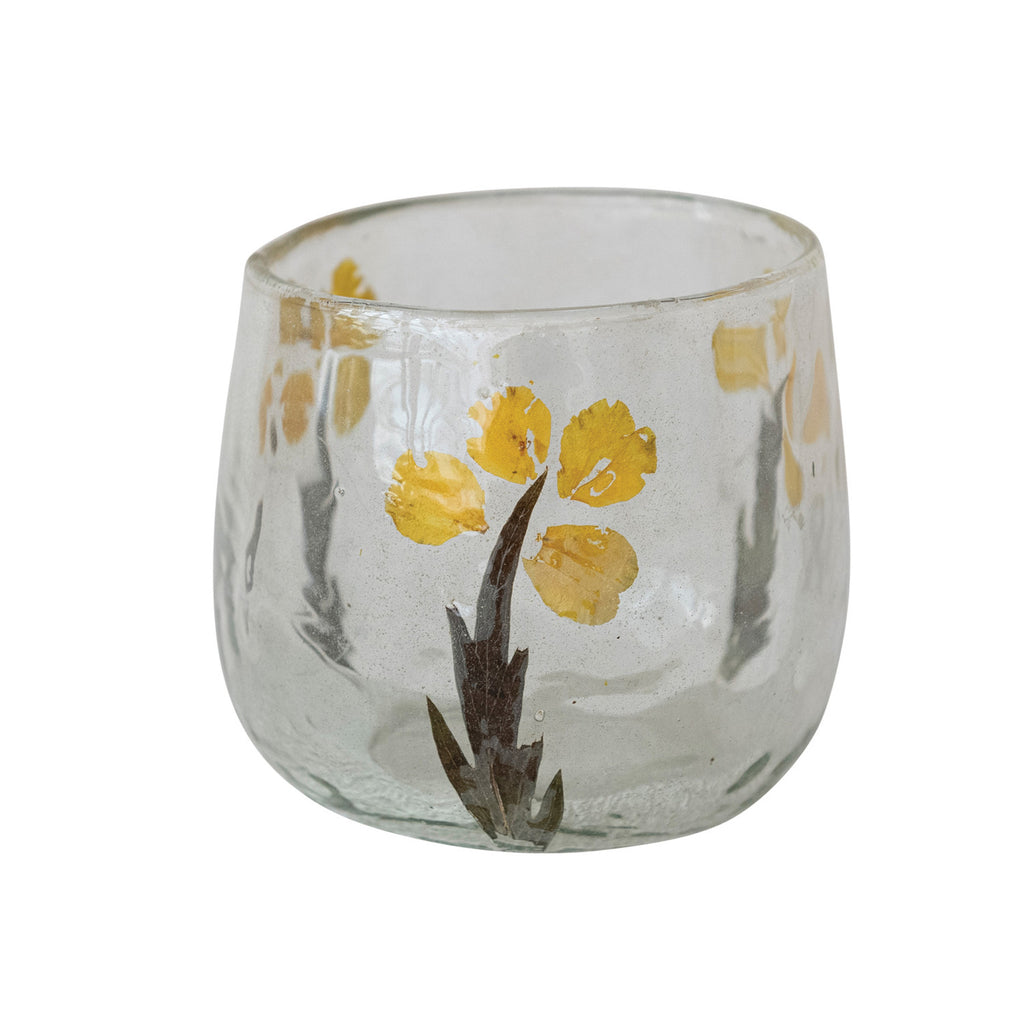 Handmade Glass Tealight/Votive Holder with Embedded Natural Silk Oak Leaves