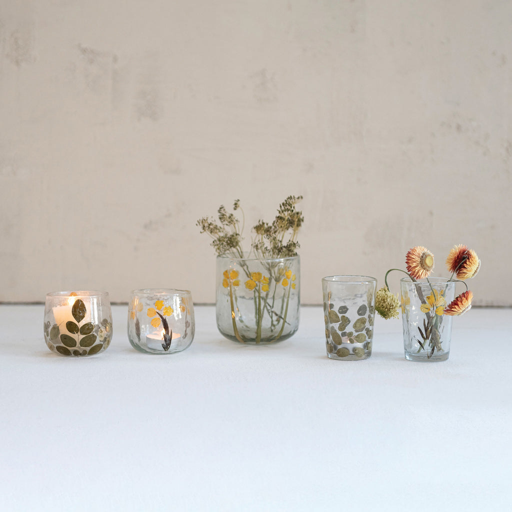 Handmade Glass Tealight/Votive Holder with Embedded Natural Silk Oak Leaves