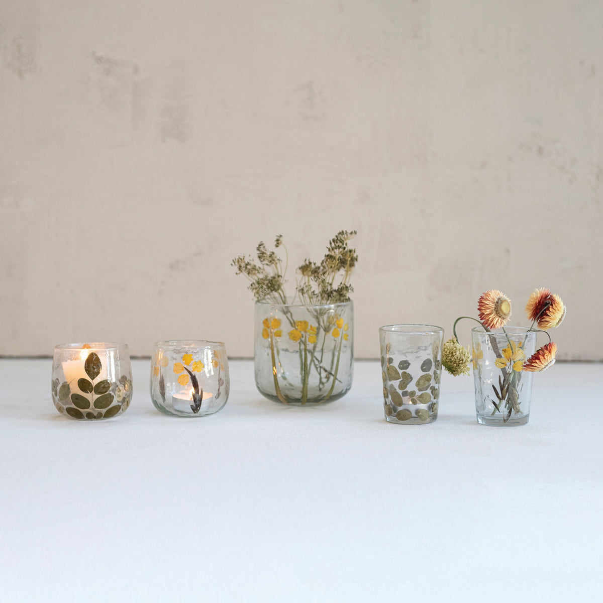 Handmade Glass Tealight/Votive Holder with Embedded Natural Silk Oak Leaves