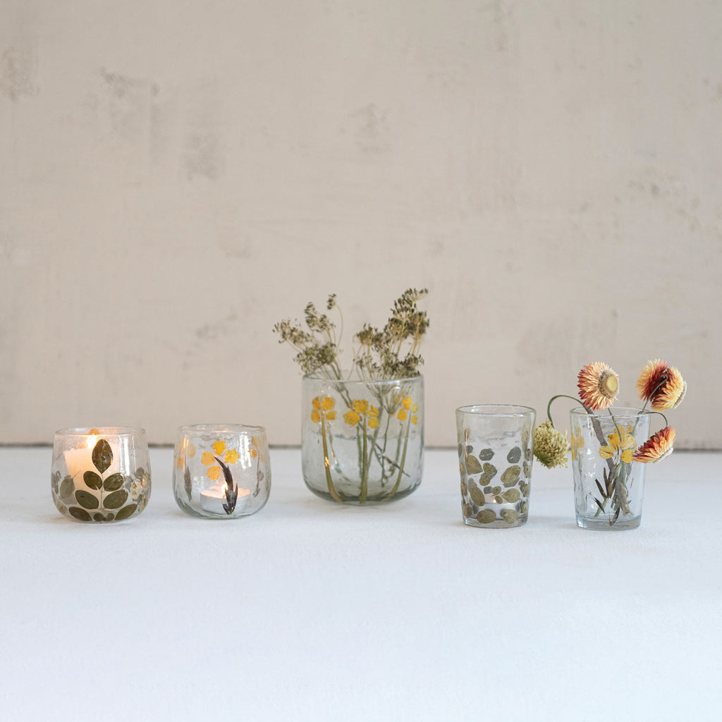 Handmade Glass Tealight/Votive Holder with Embedded Natural Silk Oak Leaves, 4" Round