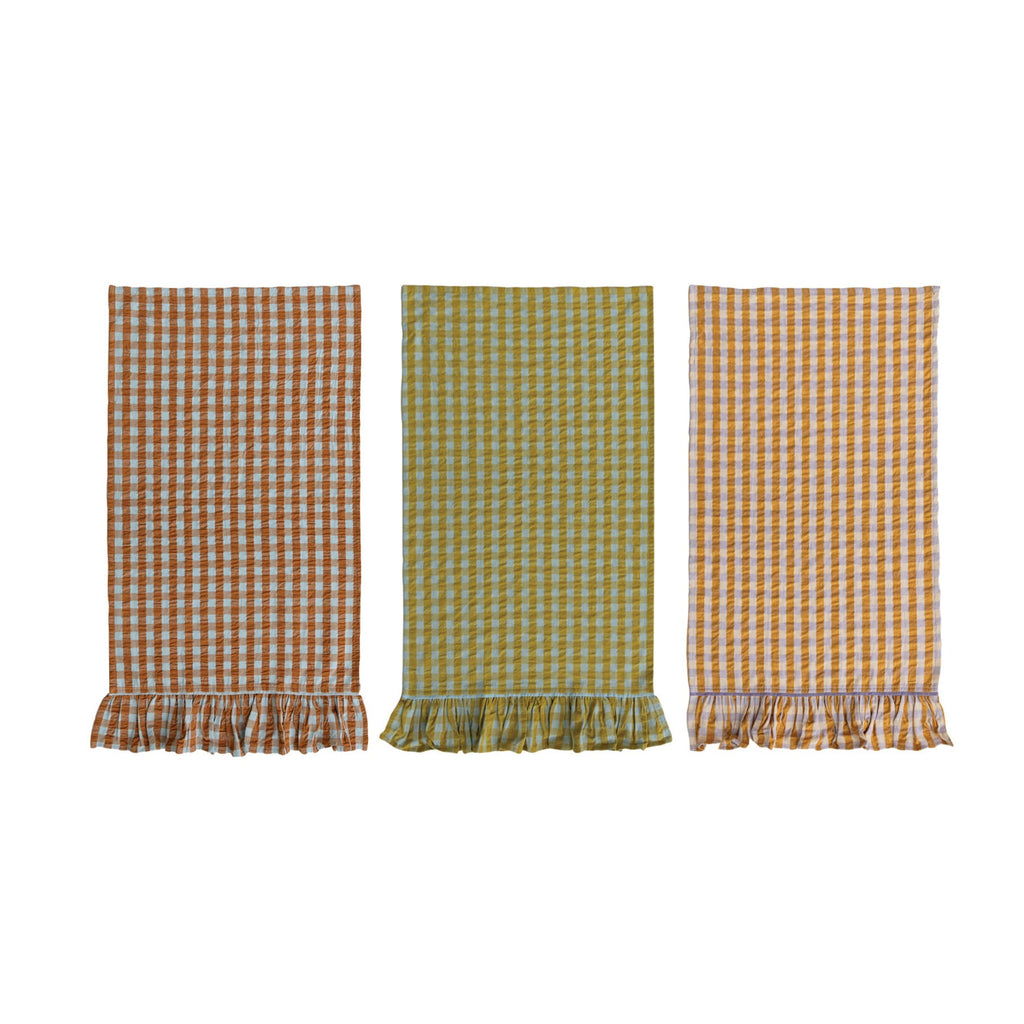 Woven Cotton Tea Towel with Check Pattern & Ruffle, 3 Colors