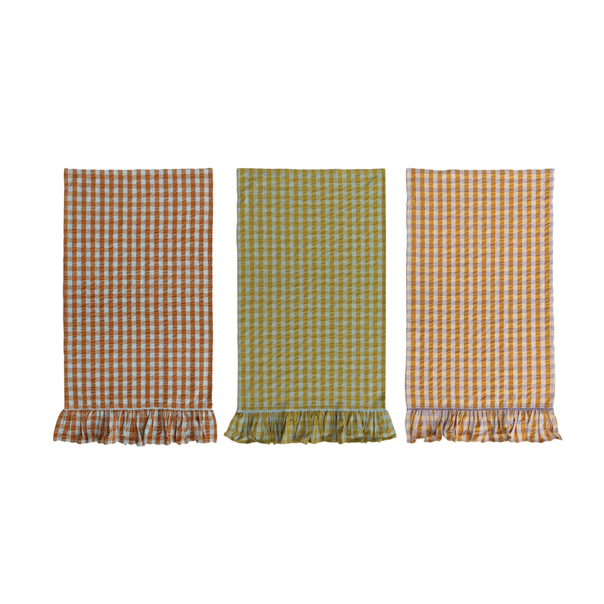 Woven Cotton Tea Towel with Check Pattern & Ruffle, 3 Colors