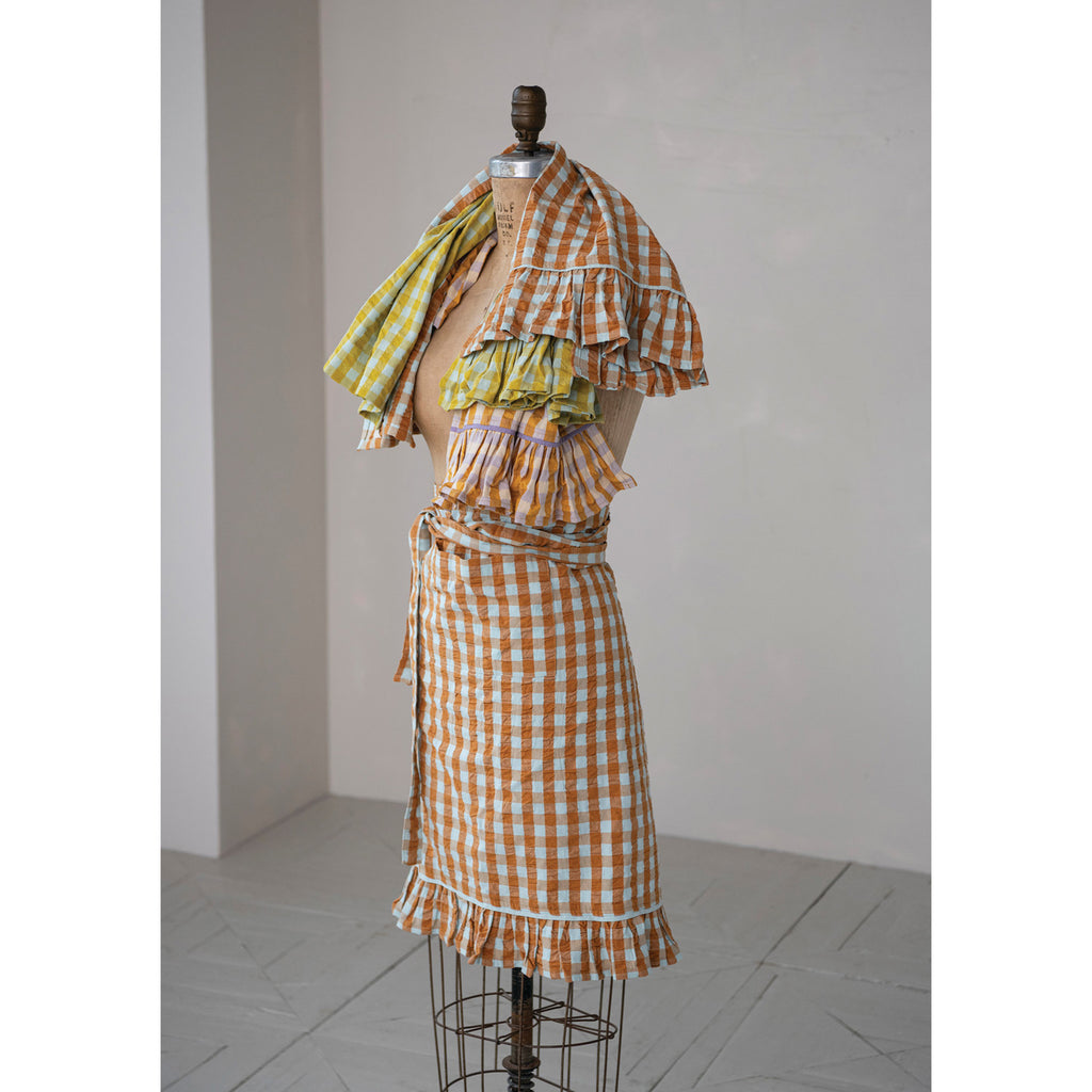 Woven Cotton Tea Towel with Check Pattern & Ruffle, 3 Colors