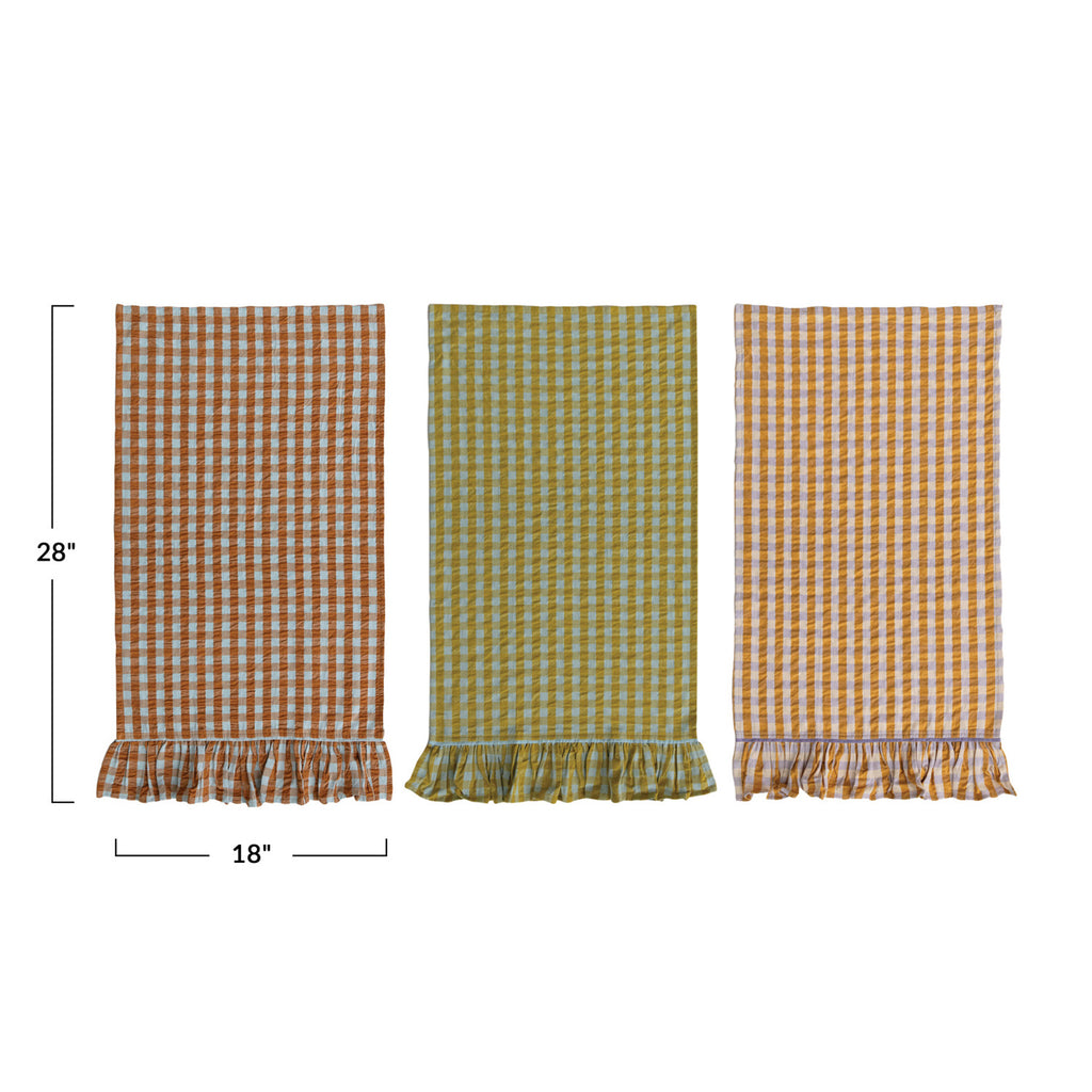Woven Cotton Tea Towel with Check Pattern & Ruffle, 3 Colors
