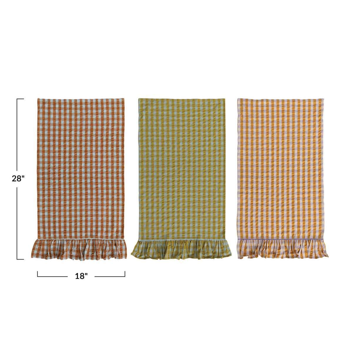 Woven Cotton Tea Towel with Check Pattern & Ruffle, 3 Colors