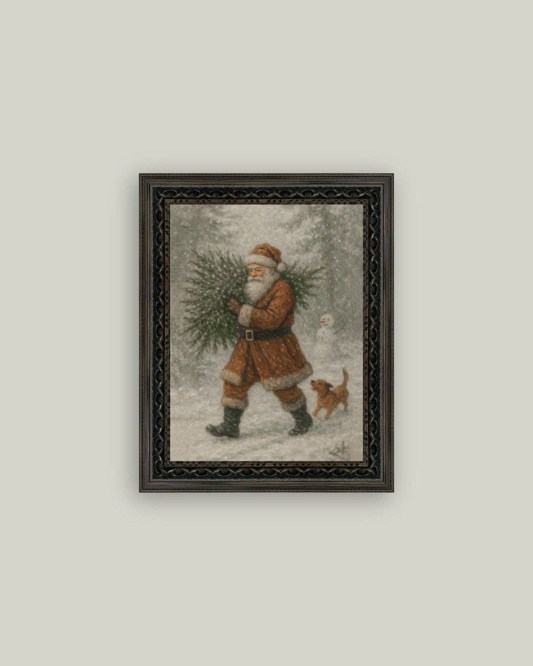 Santa with Tree Framed Antique Art