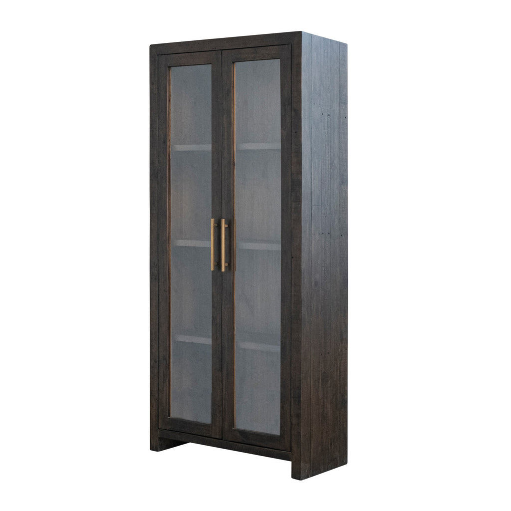 Recycled Pine Wood Cabinet with 2 Glass Doors, 3 Shelves & Gold Finish Metal Handles