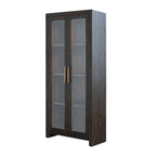 Recycled Pine Wood Cabinet with 2 Glass Doors, 3 Shelves & Gold Finish Metal Handles