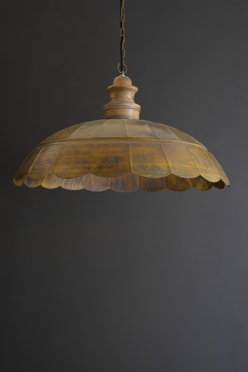 Wide Dome Antique Brass Pendant Light with Wood Detail