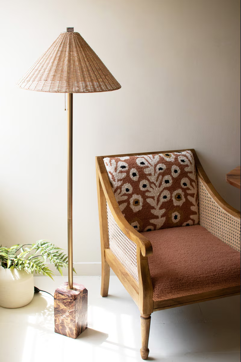Floor Lamp with Red Marble Base and Rattan Shade