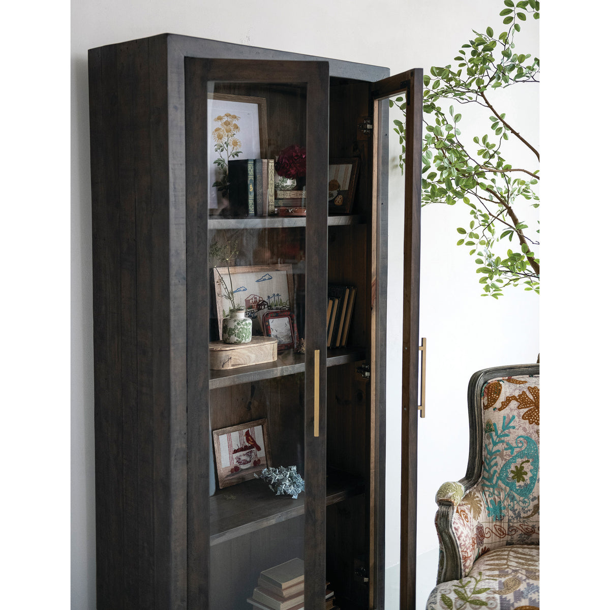 Recycled Pine Wood Cabinet with 2 Glass Doors, 3 Shelves & Gold Finish Metal Handles