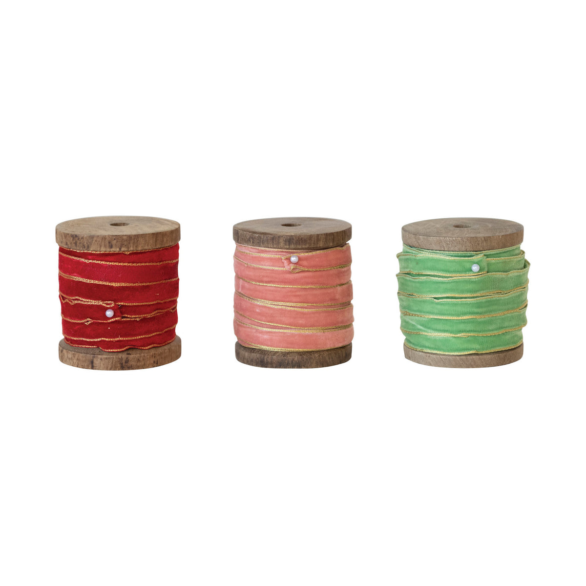10 Yard Velvet Ribbon w/ Metallic Edges on Wood Spool, 3 Colors
