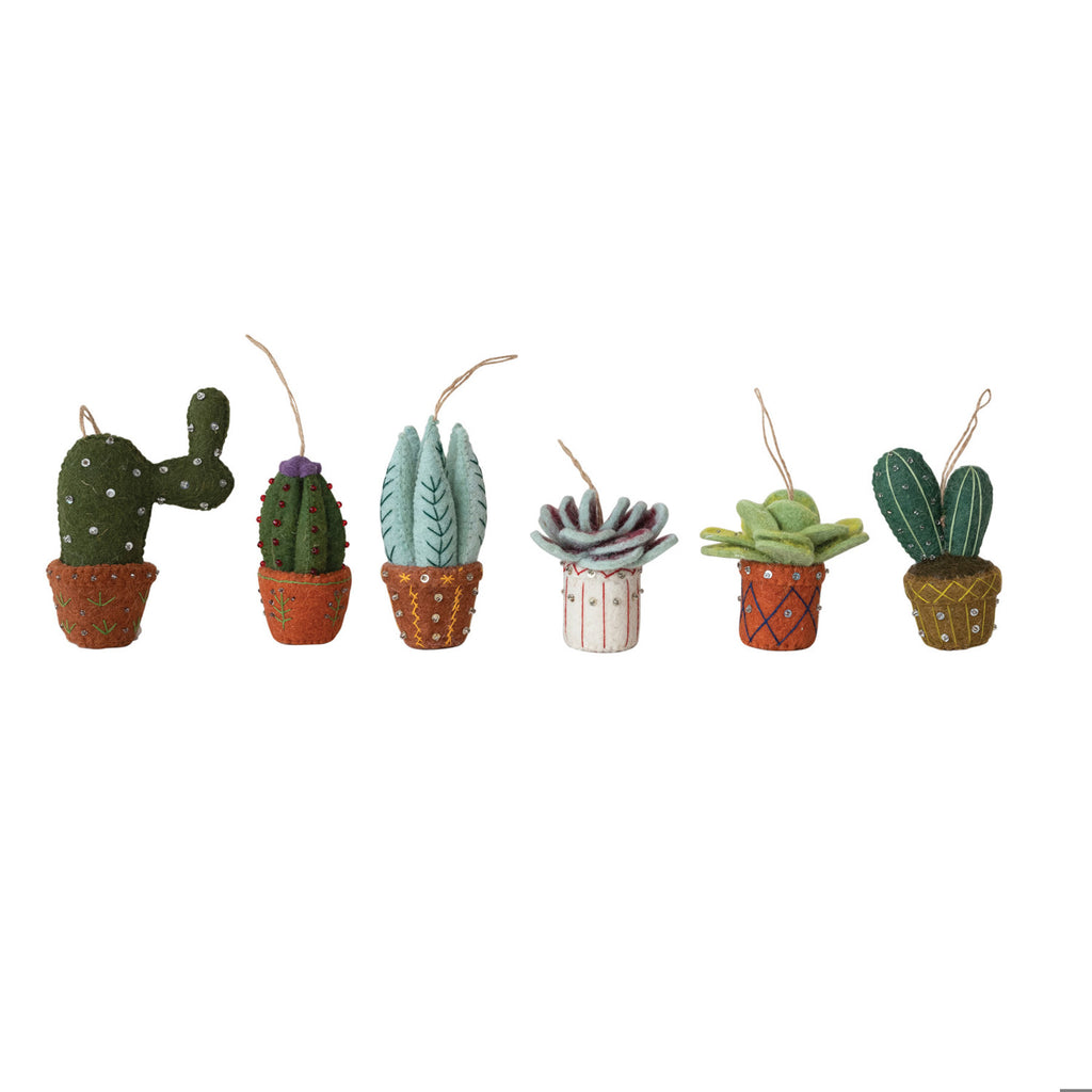 Handmade Wool Felt Cactus in Planter Ornament with Embroidery, Sequins & Beads, 6 Styles