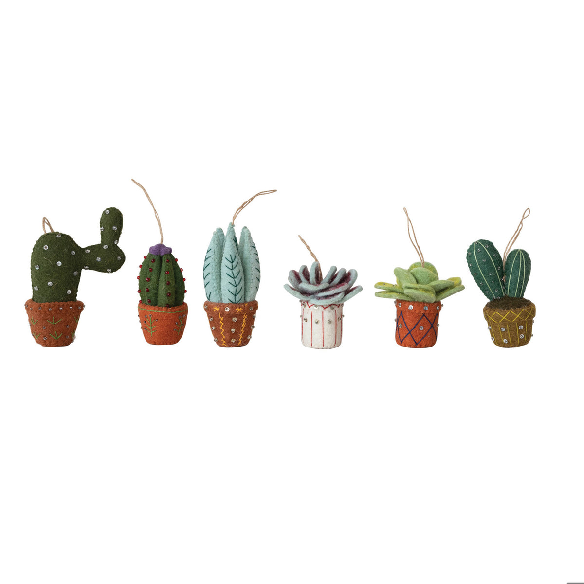 Handmade Wool Felt Cactus in Planter Ornament with Embroidery, Sequins & Beads, 6 Styles