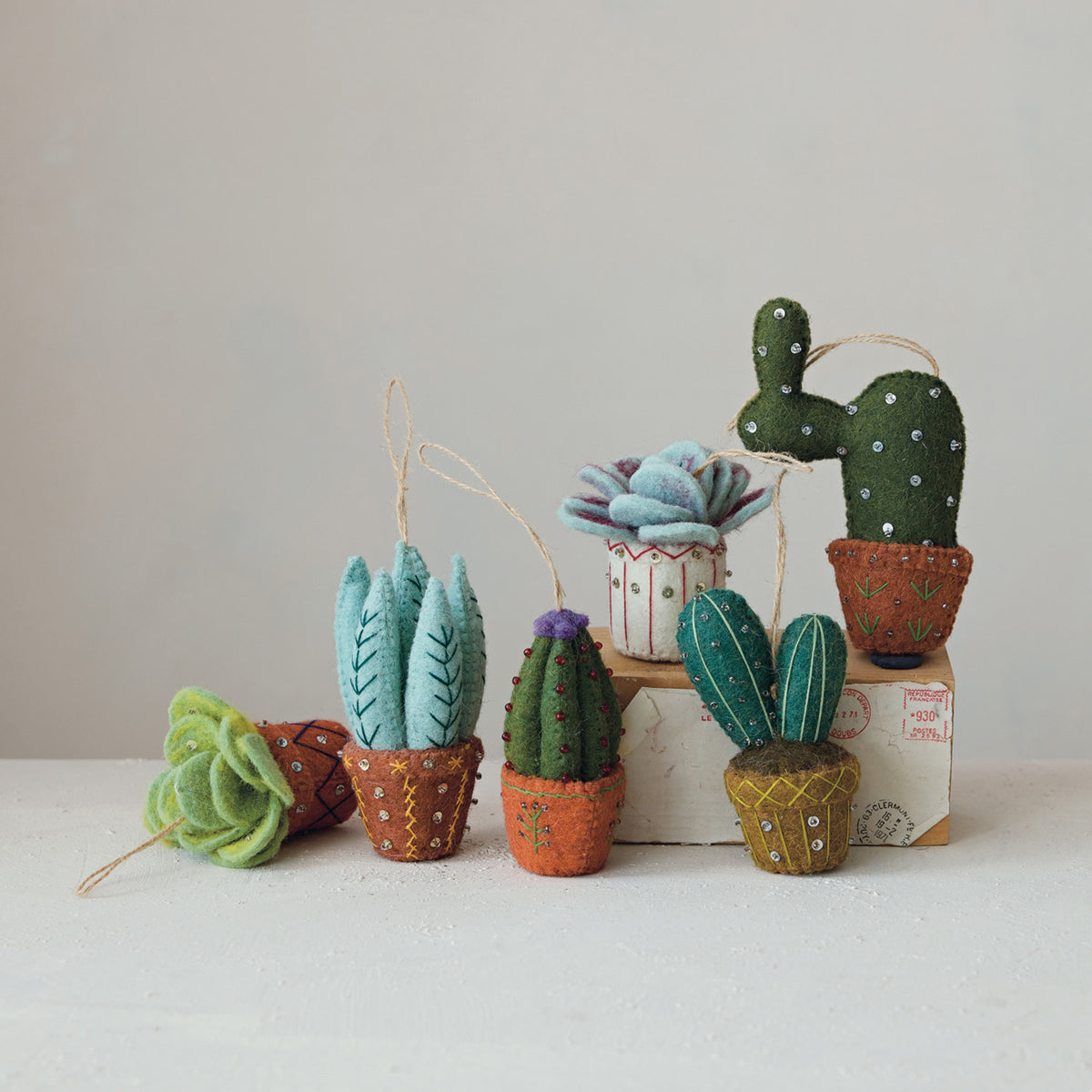 Handmade Wool Felt Cactus in Planter Ornament with Embroidery, Sequins & Beads, 6 Styles