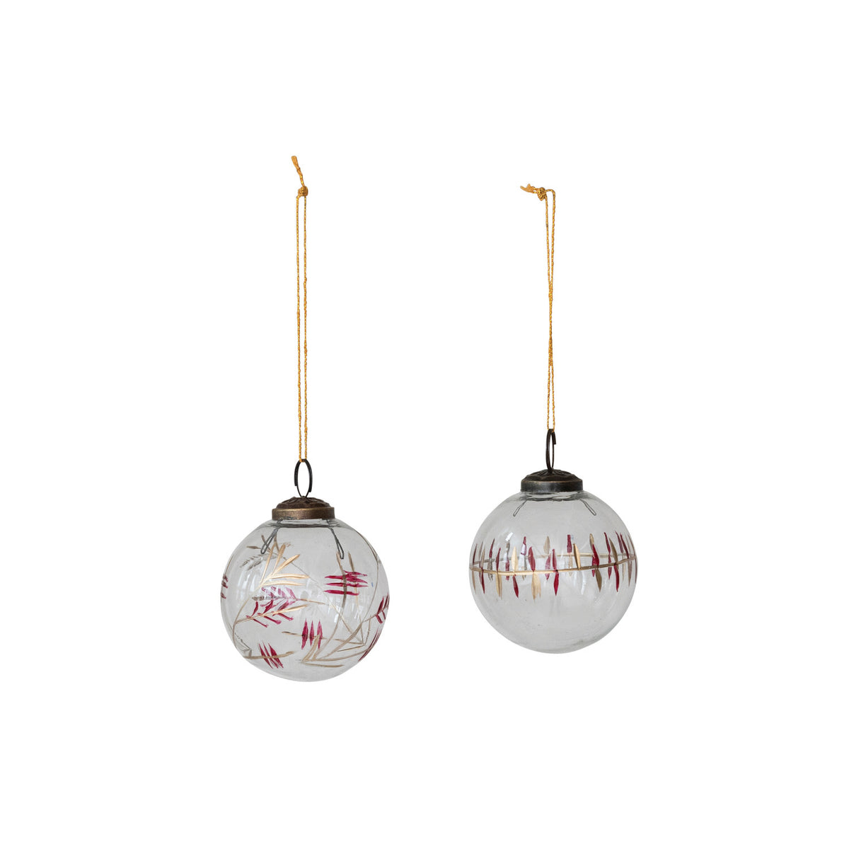 Hand-Painted Glass Ball Ornament with Etched Vine Design, Red & Gold Finish, 2 Styles