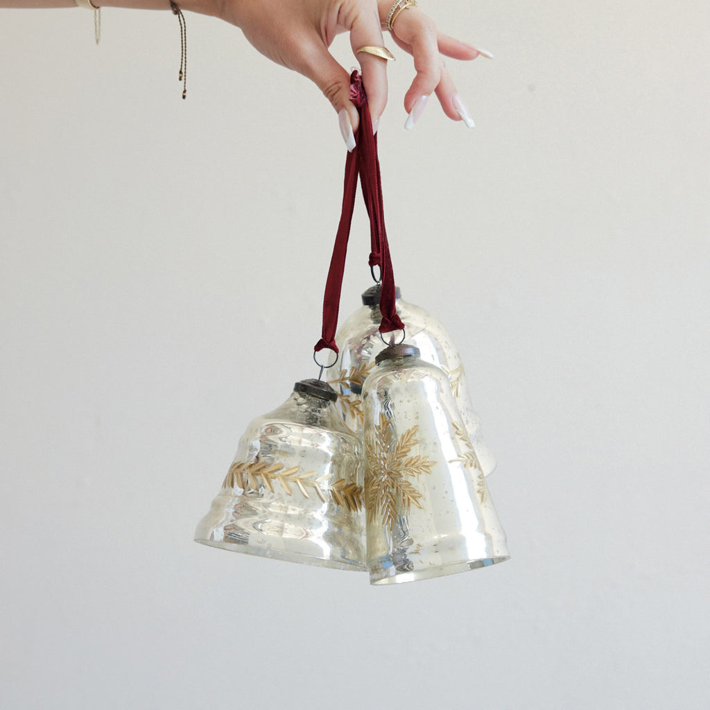 Etched Mercury Glass Bell Shaped Ornament with Burgundy Velvet Ribbon Hanger, 3 Styles