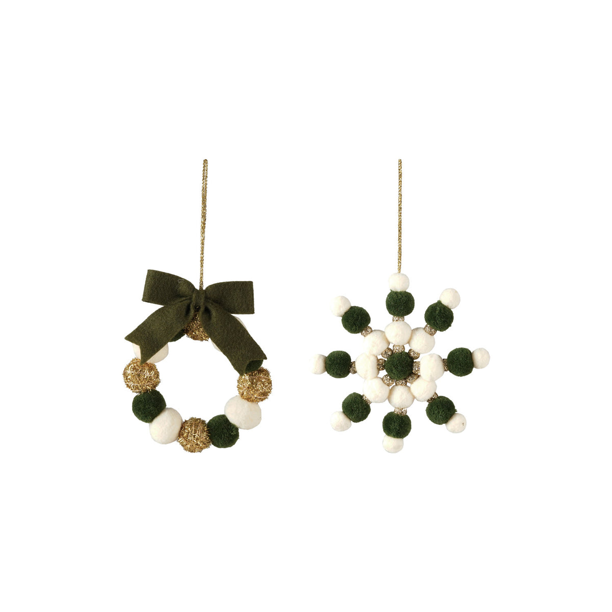Fabric Pom Pom Snowflake/Wreath Ornament, 2 Styles